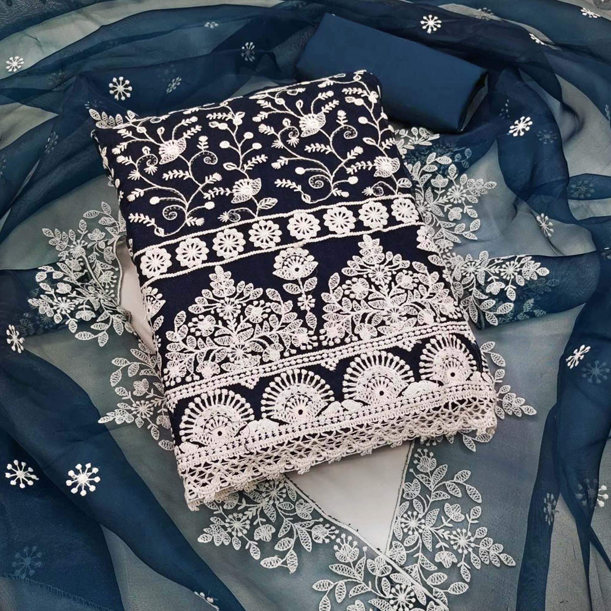 Teal Blue Floral Embroidered Organza Dress Material