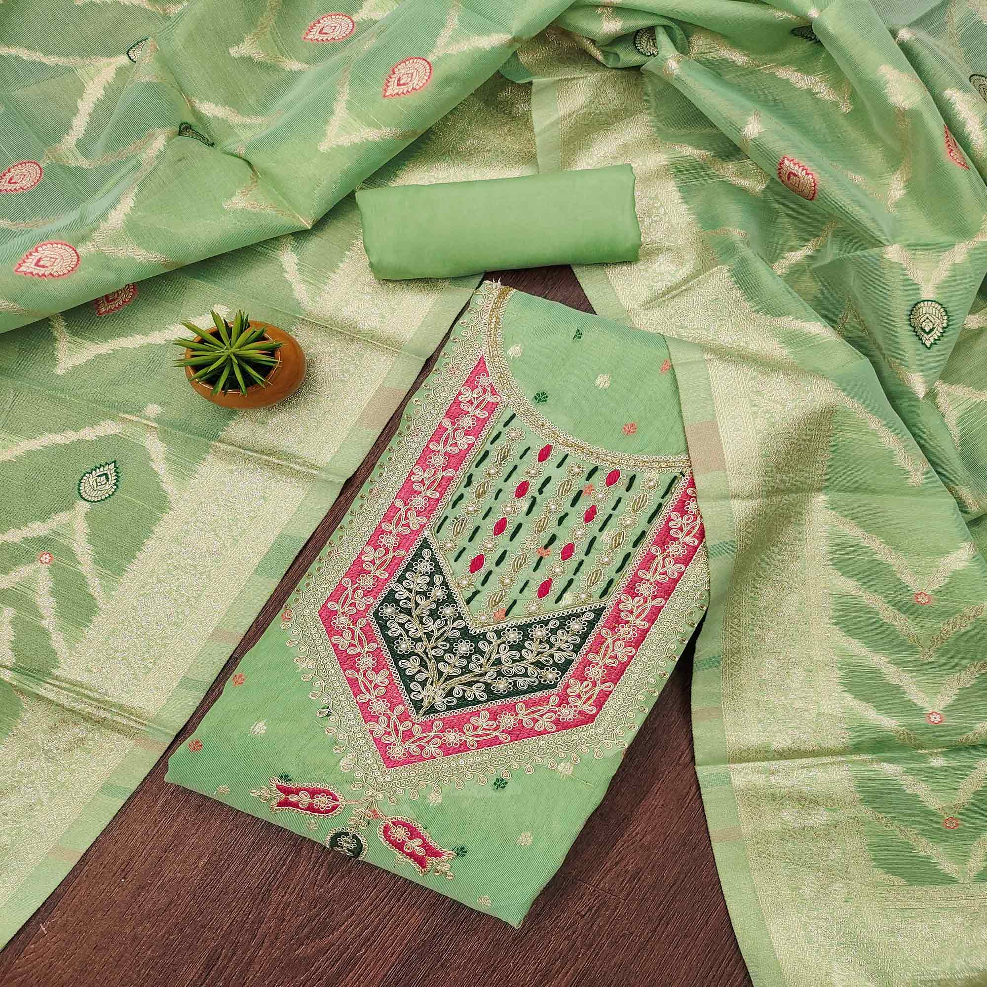Green Sequins Embroidered With Woven Chanderi Silk Dress Material