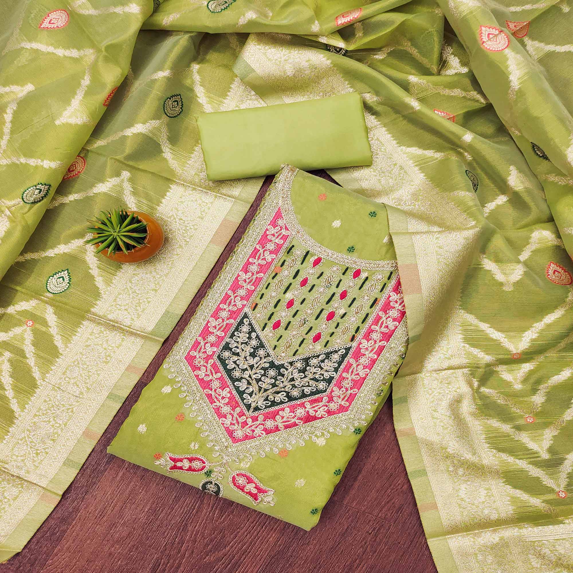 Parrot Green Sequins Embroidered With Woven Chanderi Silk Dress Material