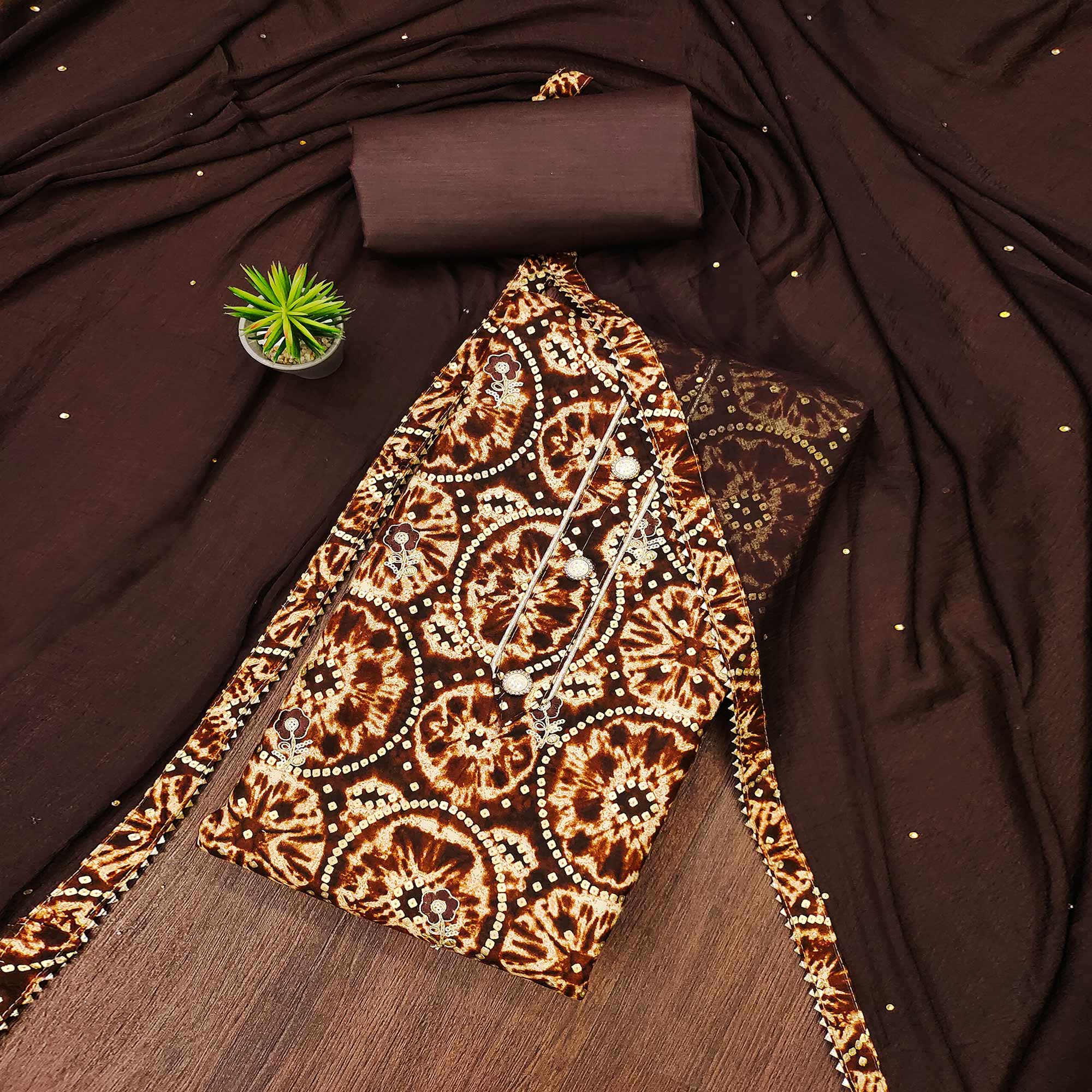 Brown Foil Printed Rayon Dress Material
