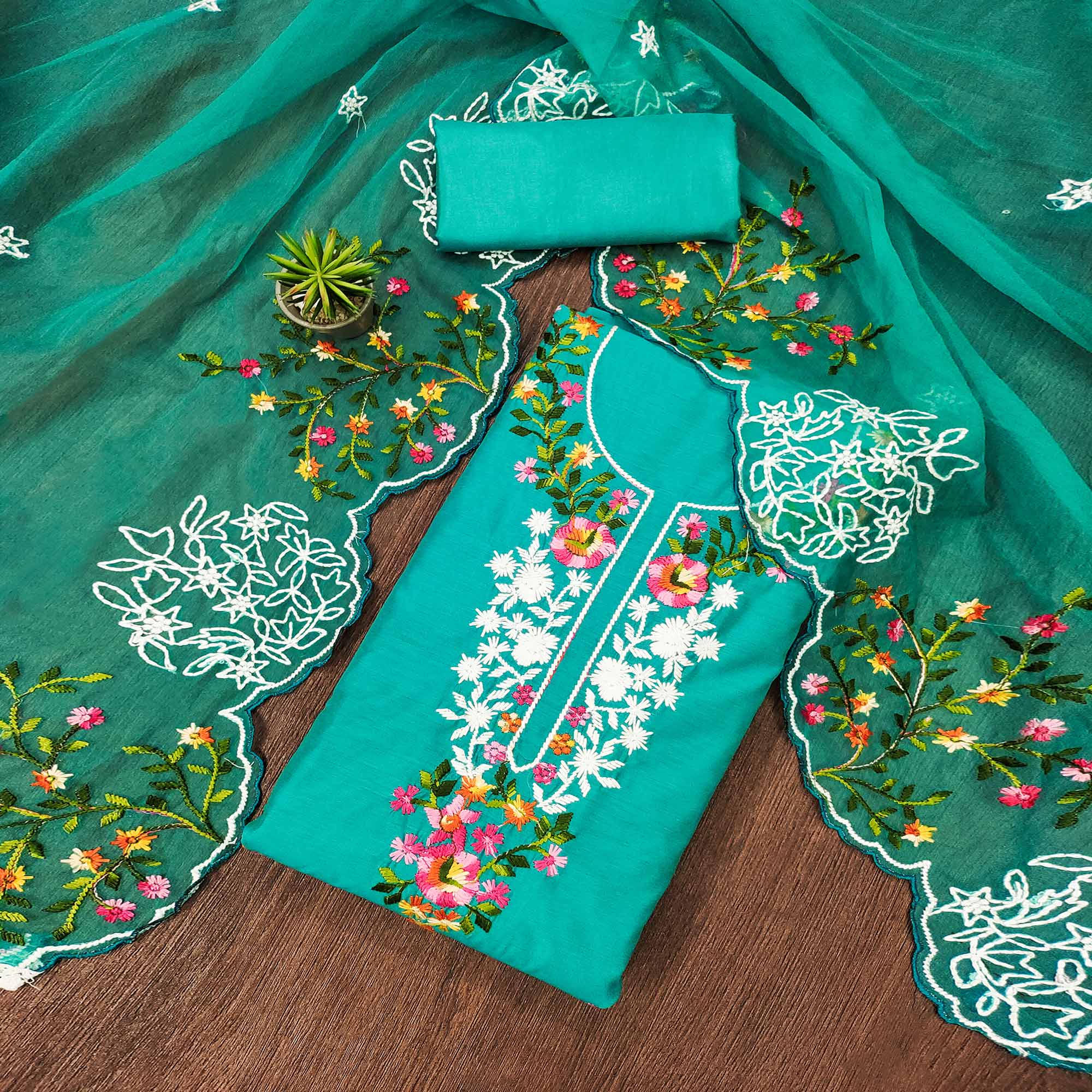 Turquoise Floral Embroidered Chanderi Dress Material