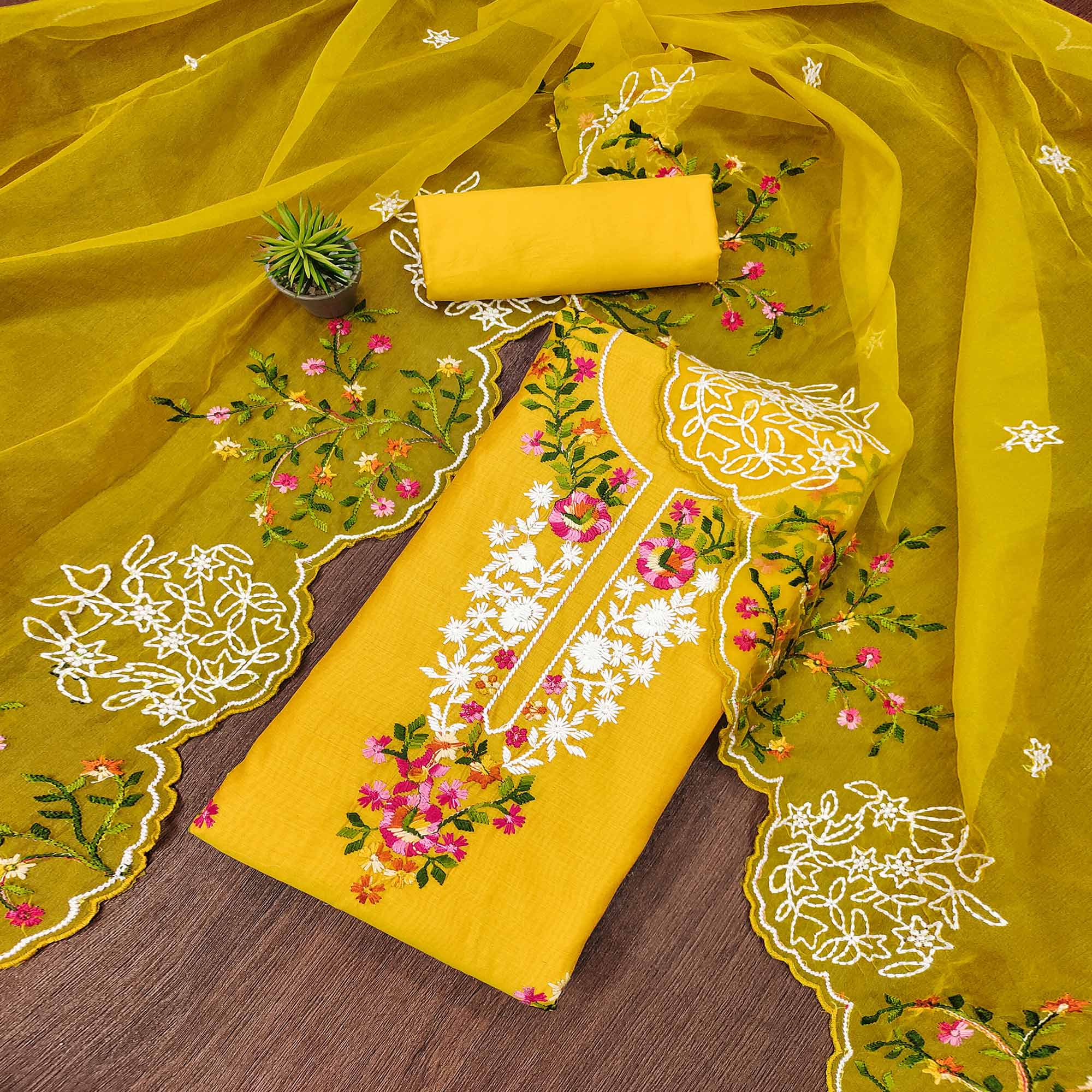 Yellow Floral Embroidered Chanderi Dress Material