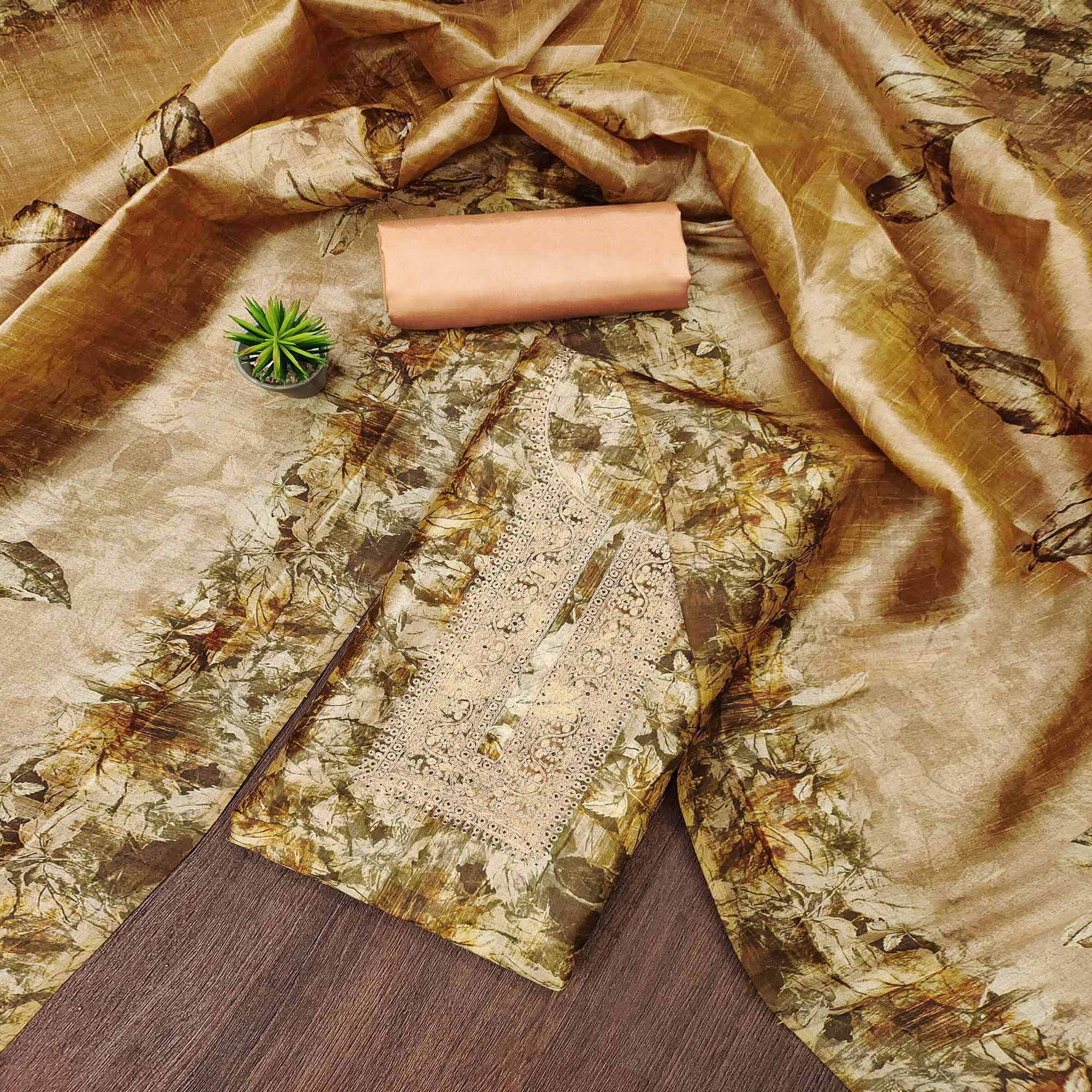 Brown Printed Cotton Silk Dress Material