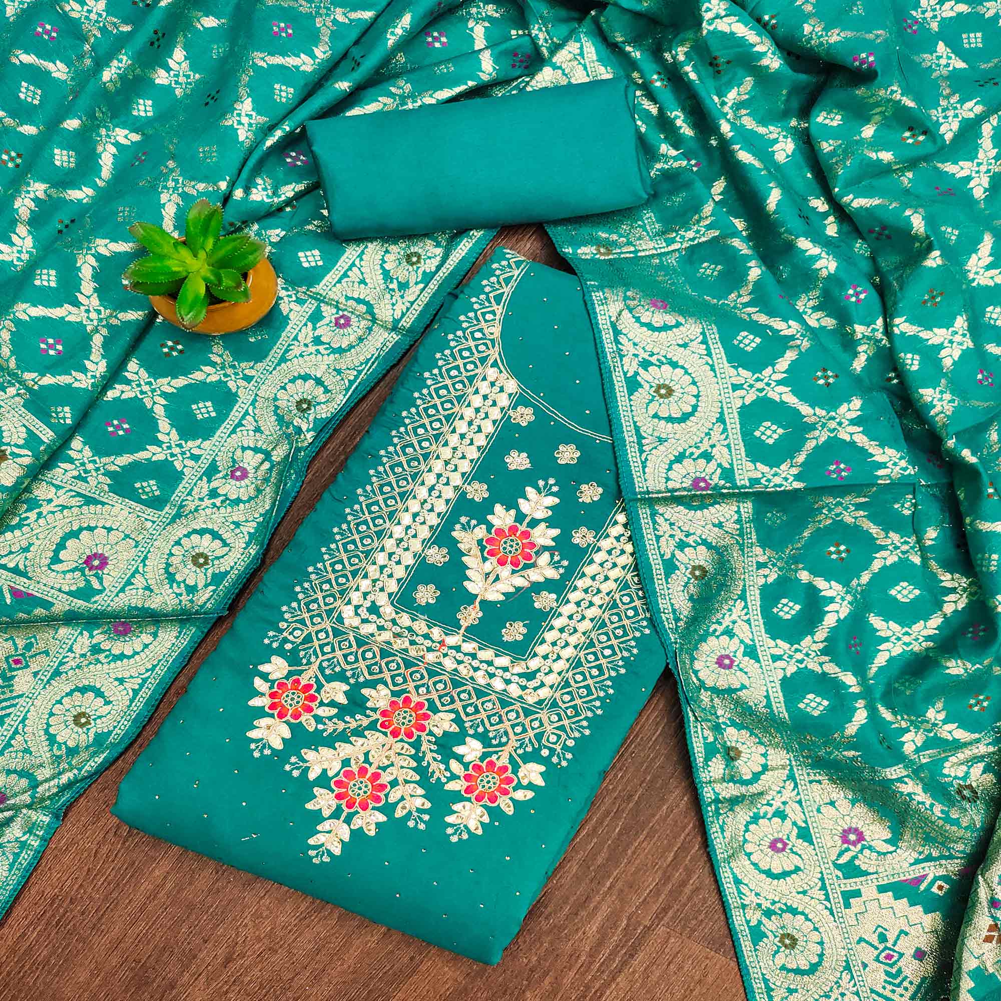 Turquoise Floral Embroidery With Stonework Chanderi Dress Material