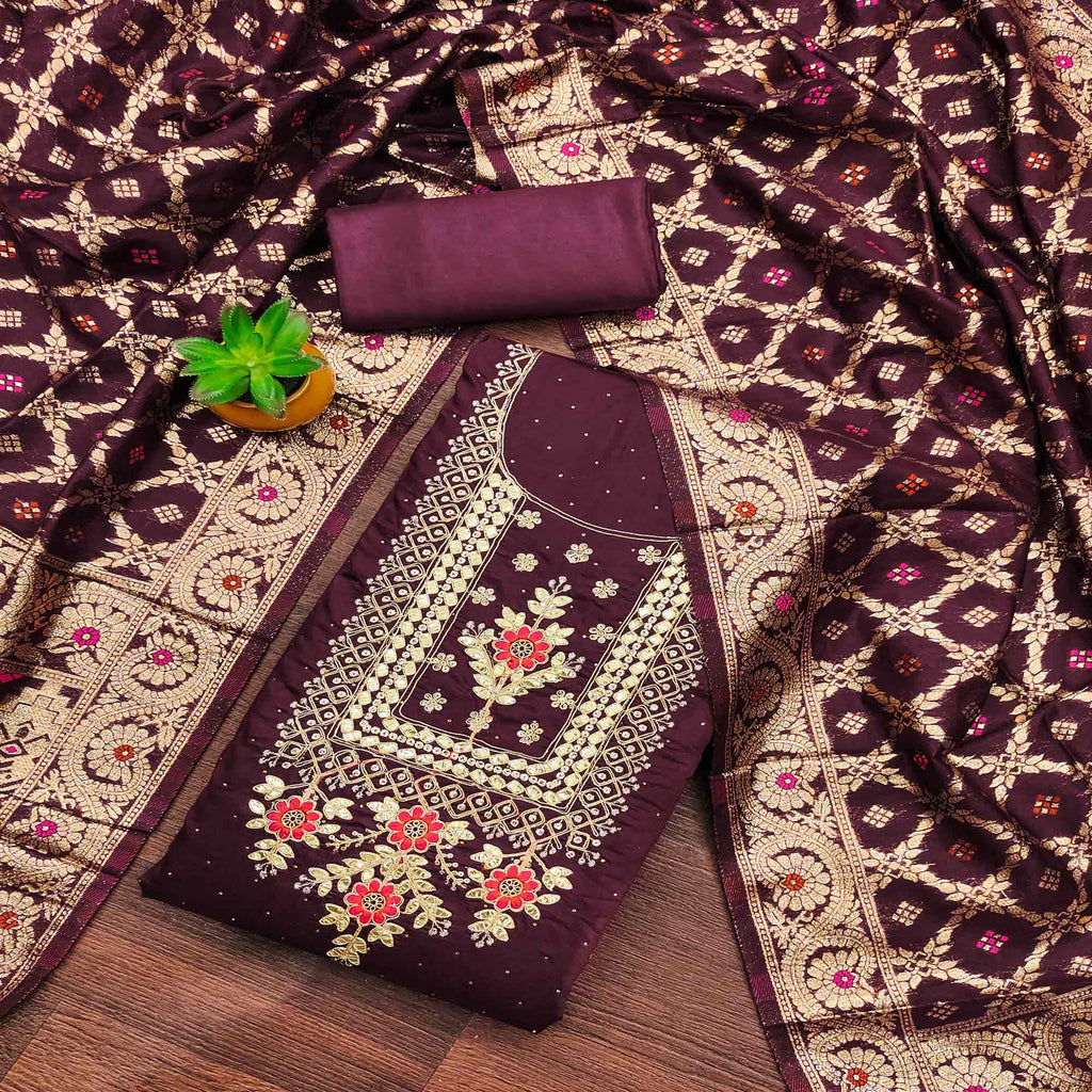 Wine Floral Embroidery With Stone Work Chanderi Dress Material