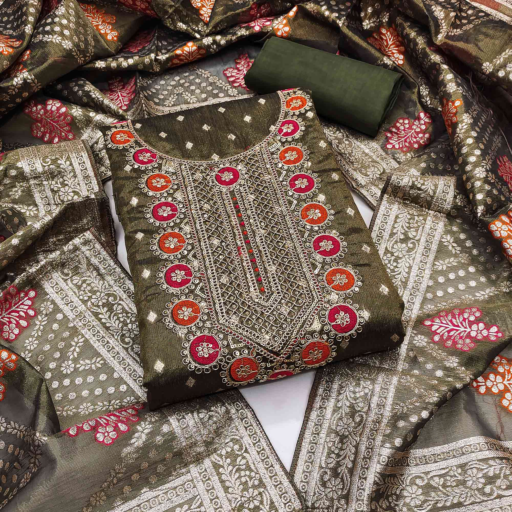 Mehendi Green Woven With Sequins Embroidered Simmer Cotton Silk Dress Material