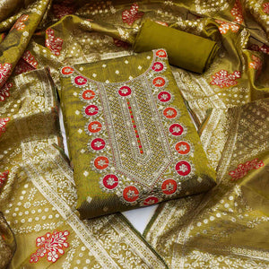 Olive Woven With Sequins Embroidered Simmer Cotton Silk Dress Material