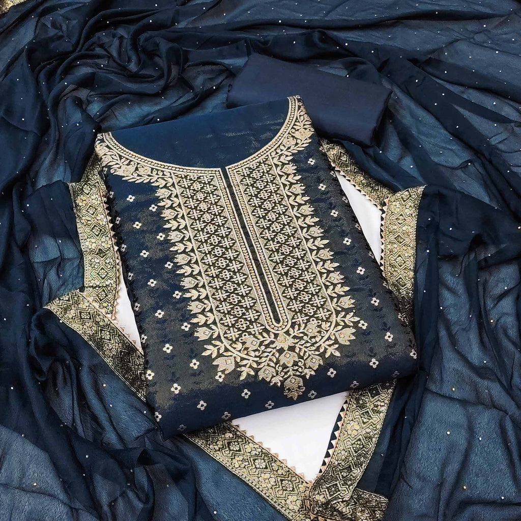 Blue - Jacquard Cotton 3pc Unstitched Dress Material 13