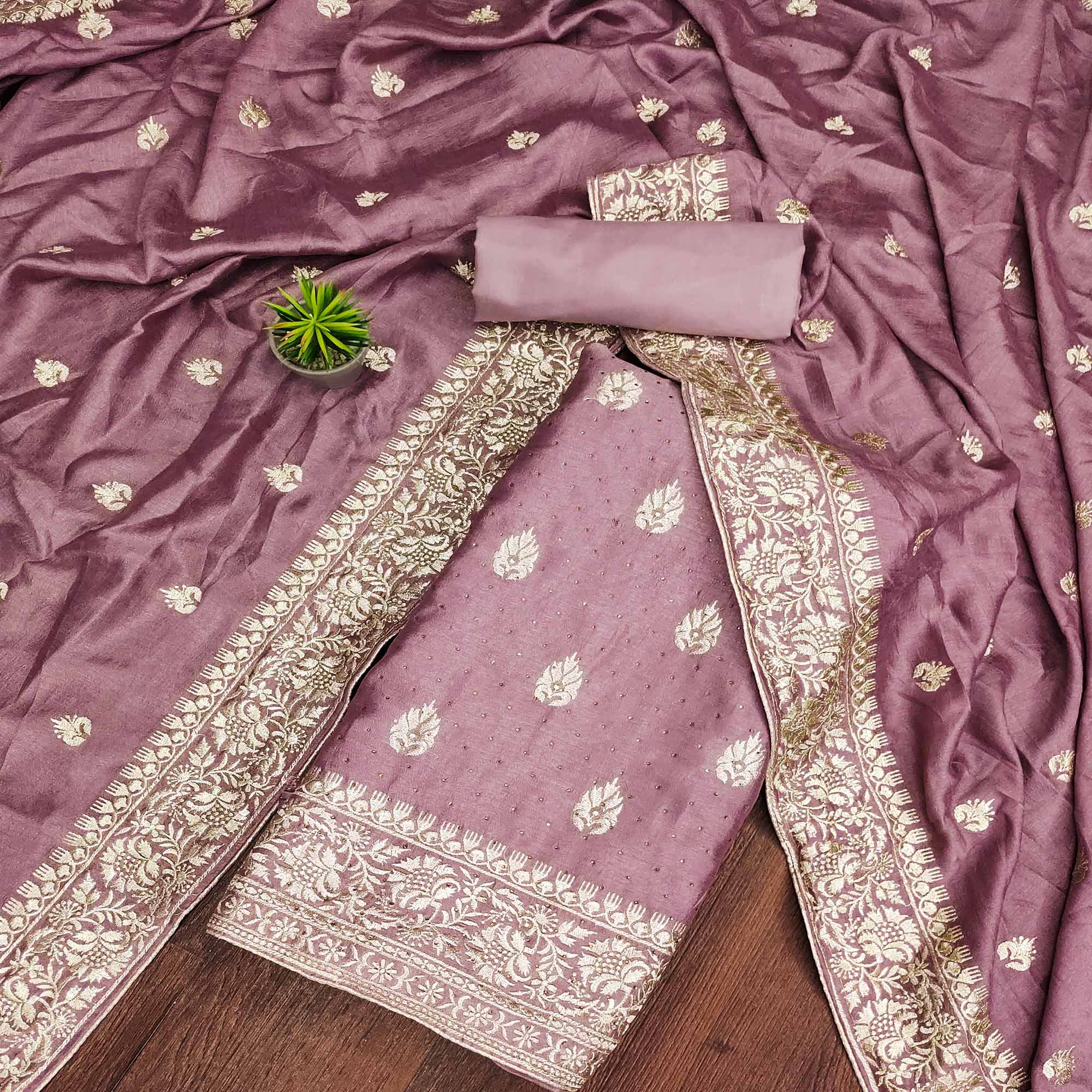 Mauve Floral Embroidered Chinon Dress Material