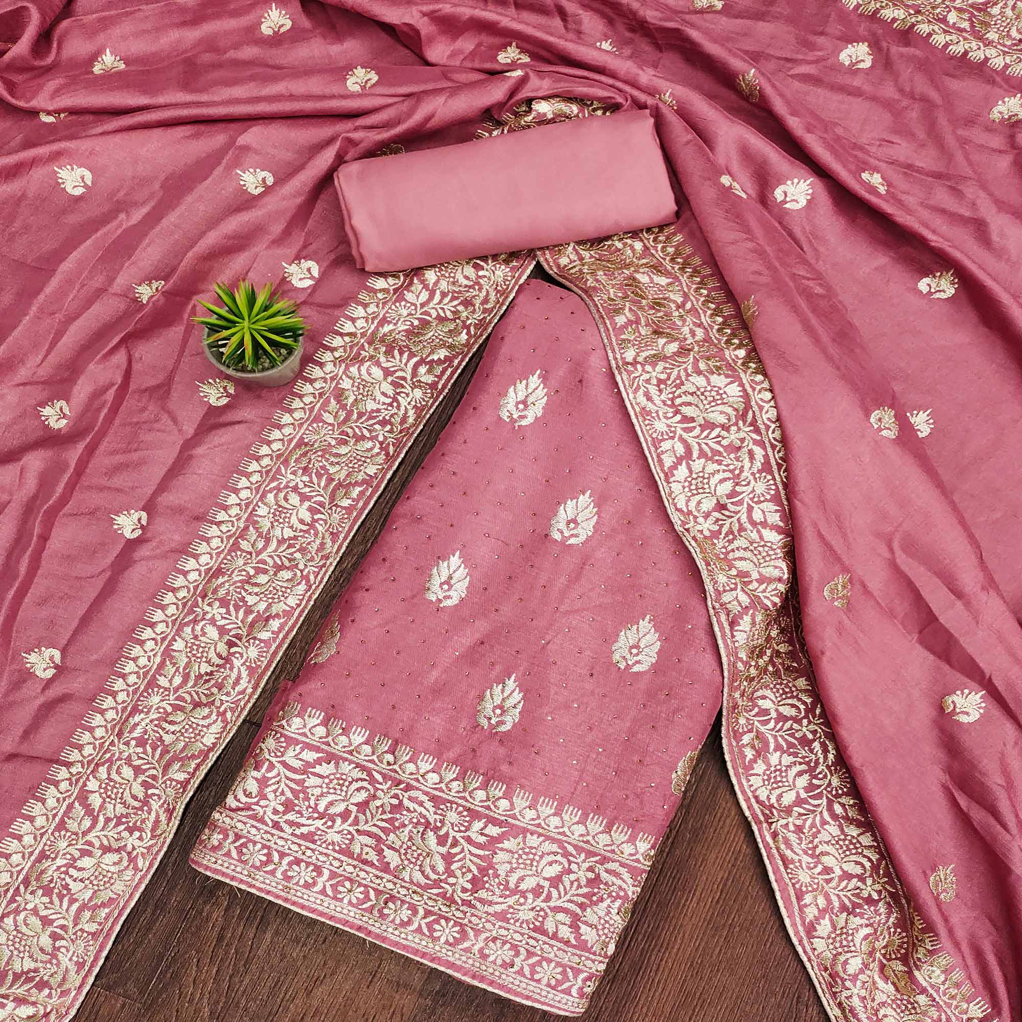 Pink Floral Embroidered Chinon Dress Material