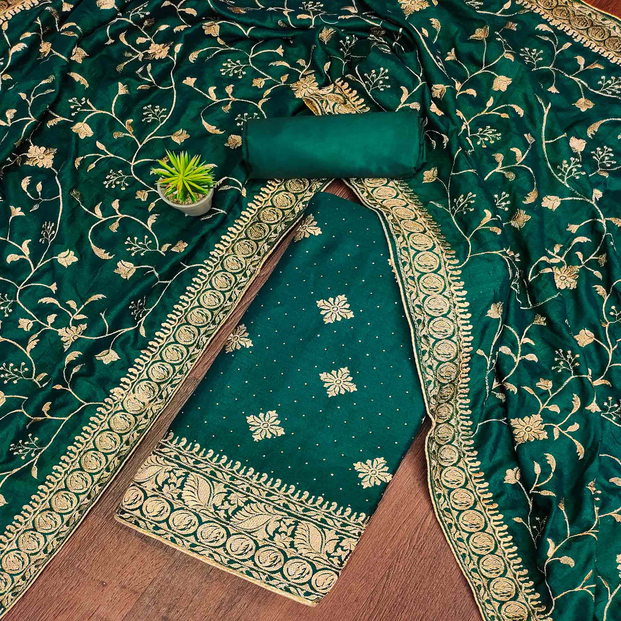 Green Floral Embroidered Chinon Dress Material