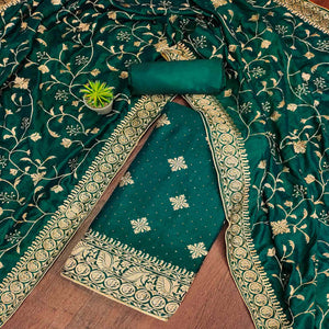 Green Floral Embroidered Chinon Dress Material