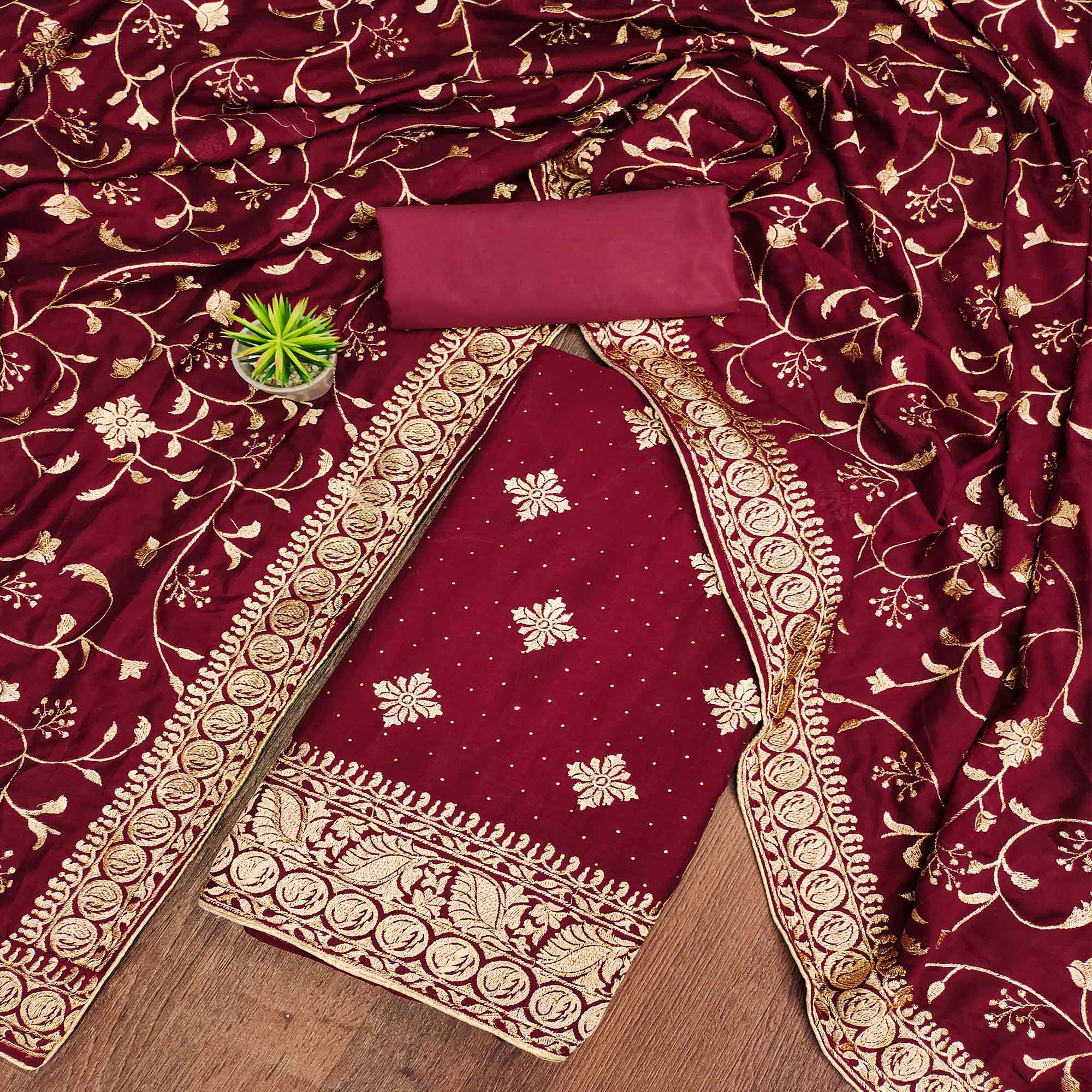 Maroon Floral Embroidered Chinon Dress Material