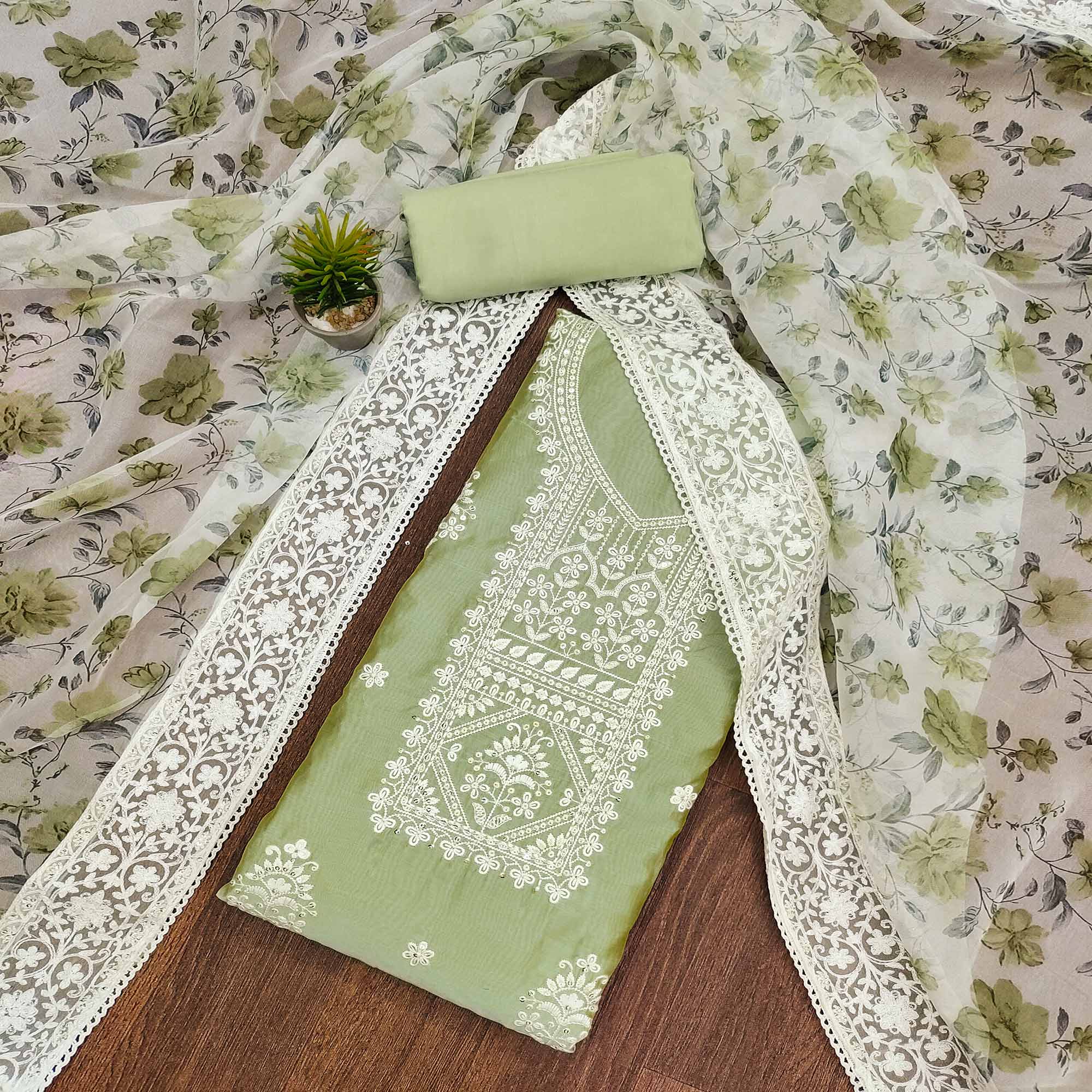 Green Floral Embroidered Chanderi Dress Material