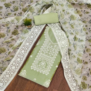 Green Floral Embroidered Chanderi Dress Material