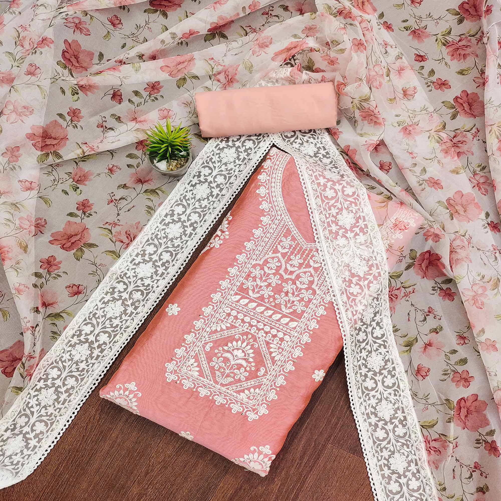 Peach Floral Embroidered Chanderi Dress Material