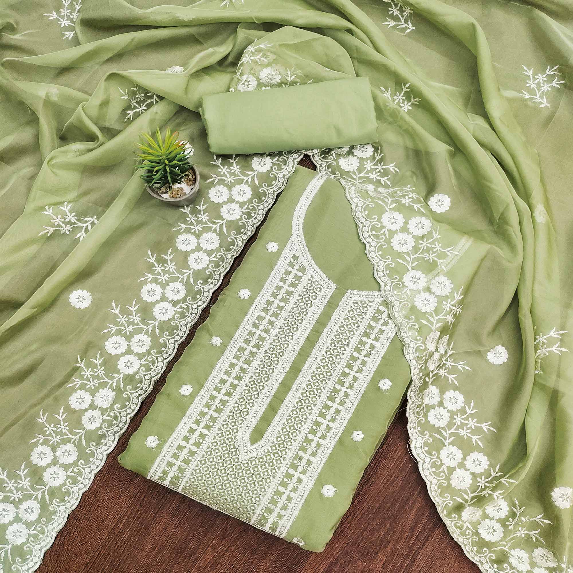 Green Floral Embroidered Chanderi Dress Material