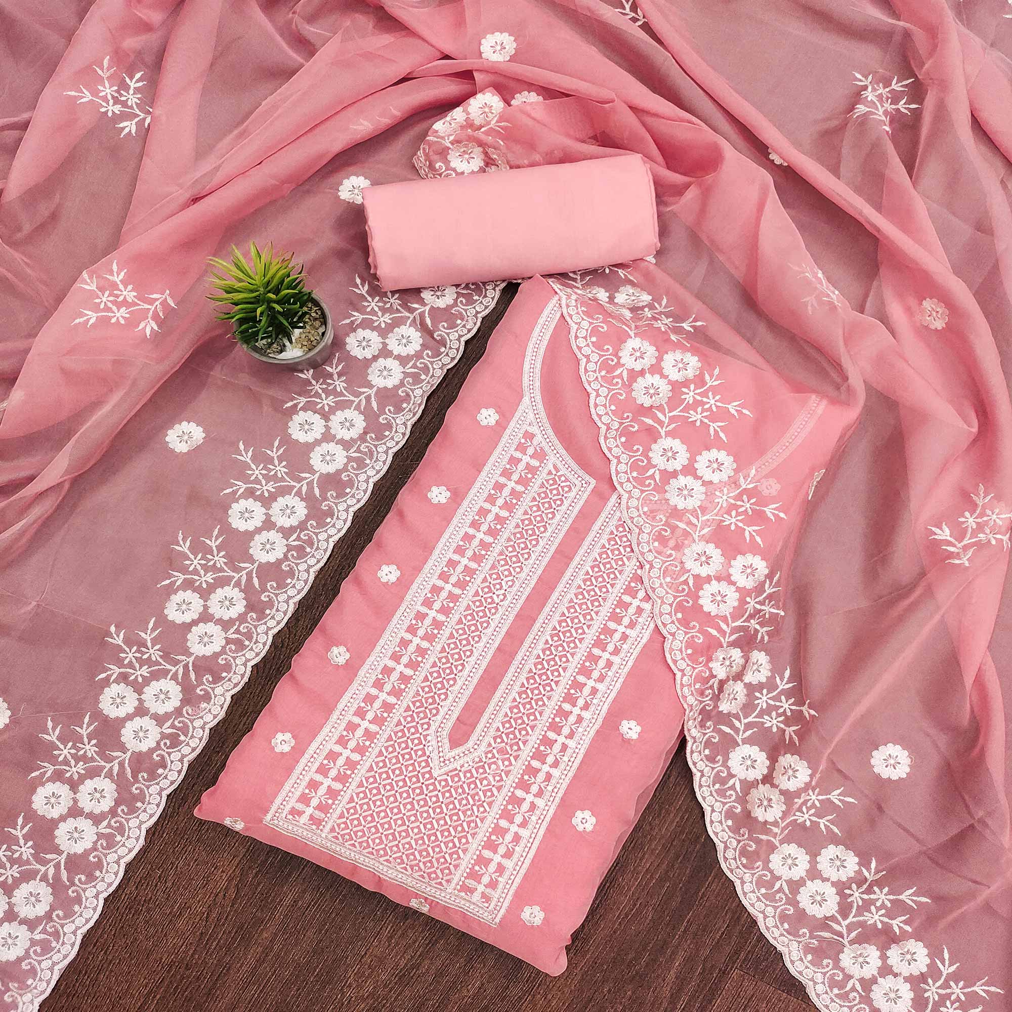 Peach Floral Embroidered Chanderi Dress Material