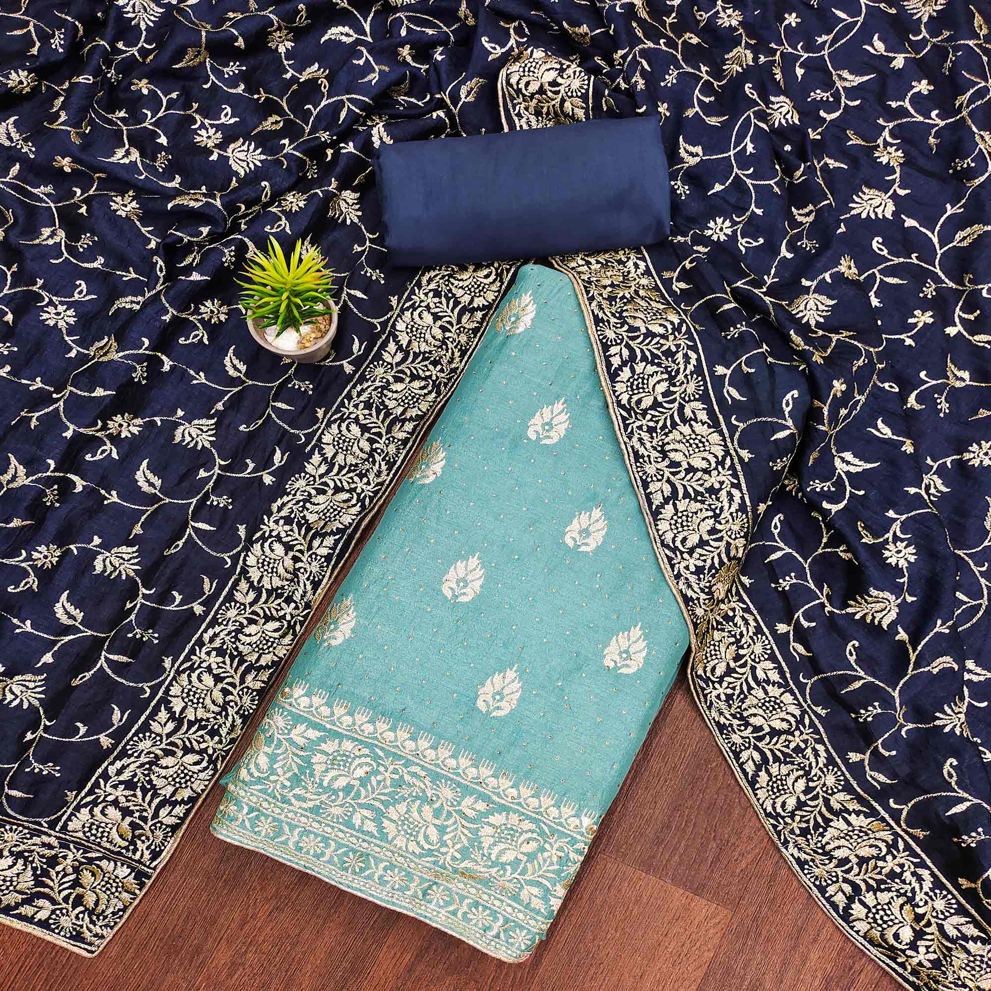 Blue Floral Embroidered Chinon Dress Material