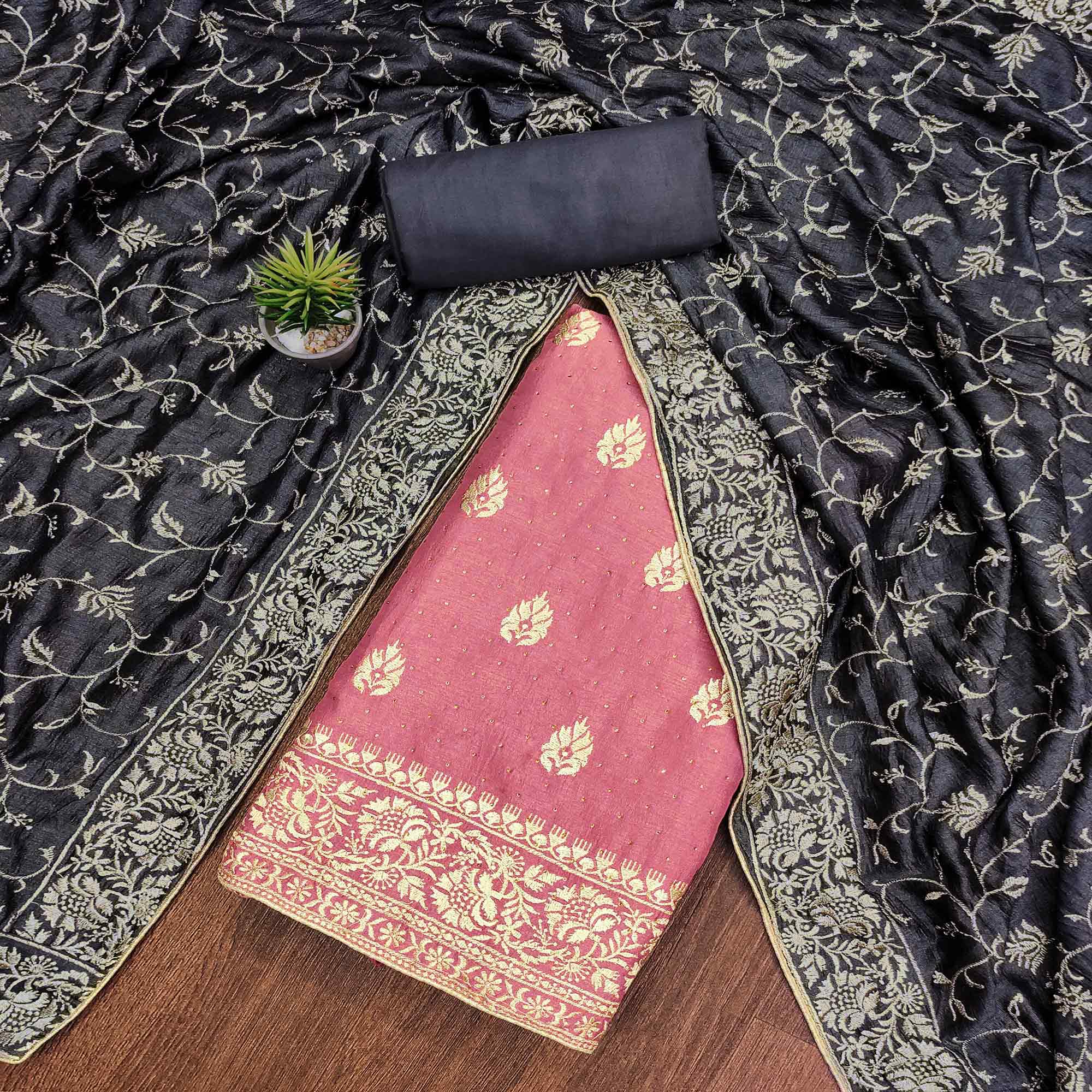 Pink Floral Embroidered Chinon Dress Material