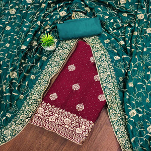 Maroon Floral Embroidered Chinon Dress Material