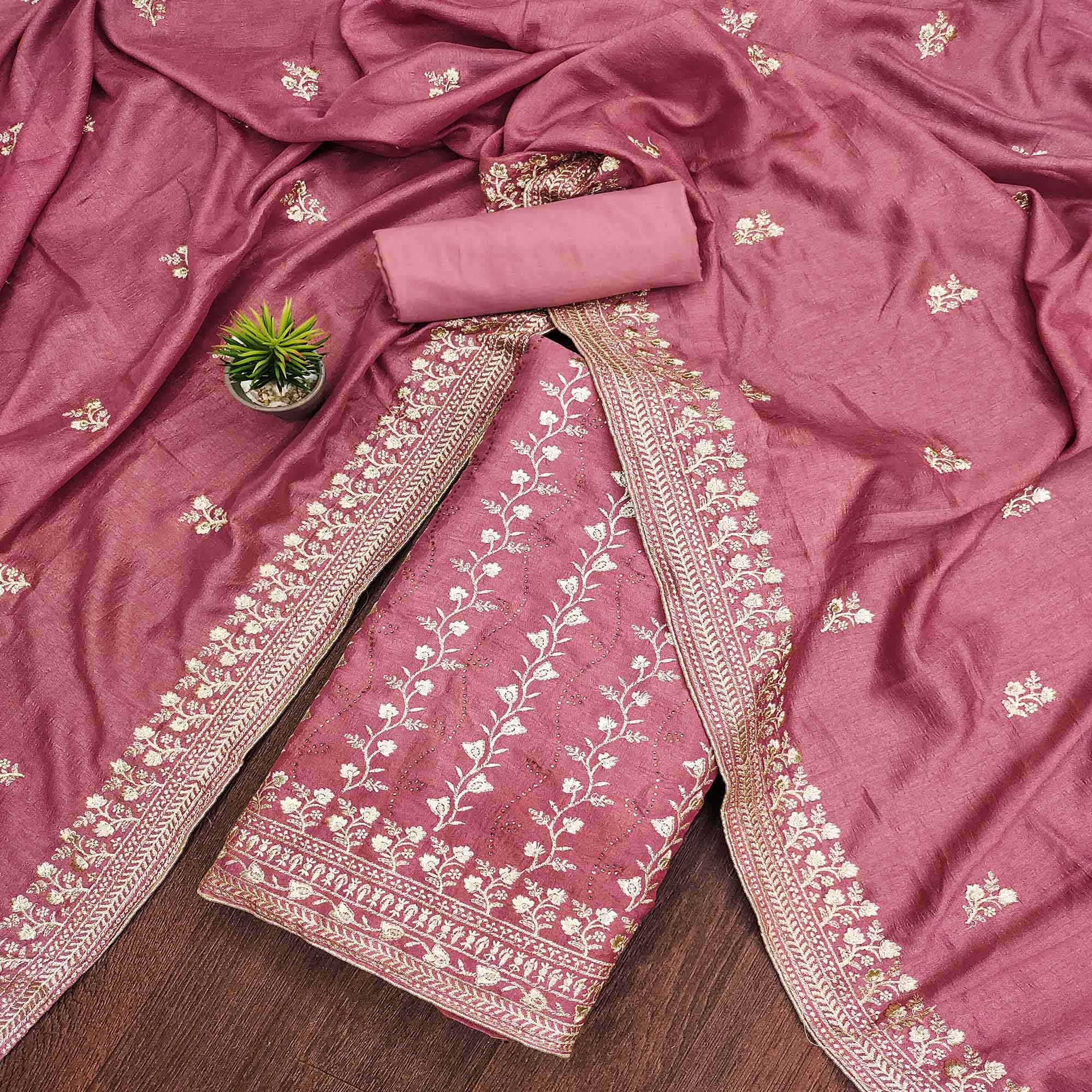 Pink Floral Embroidered Chinon Dress Material