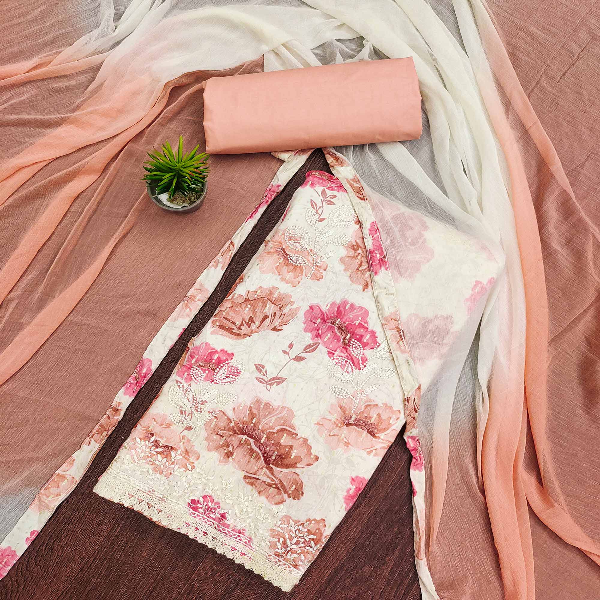 Off White & Peach Printed With Embroidered Pure Cotton Dress Material