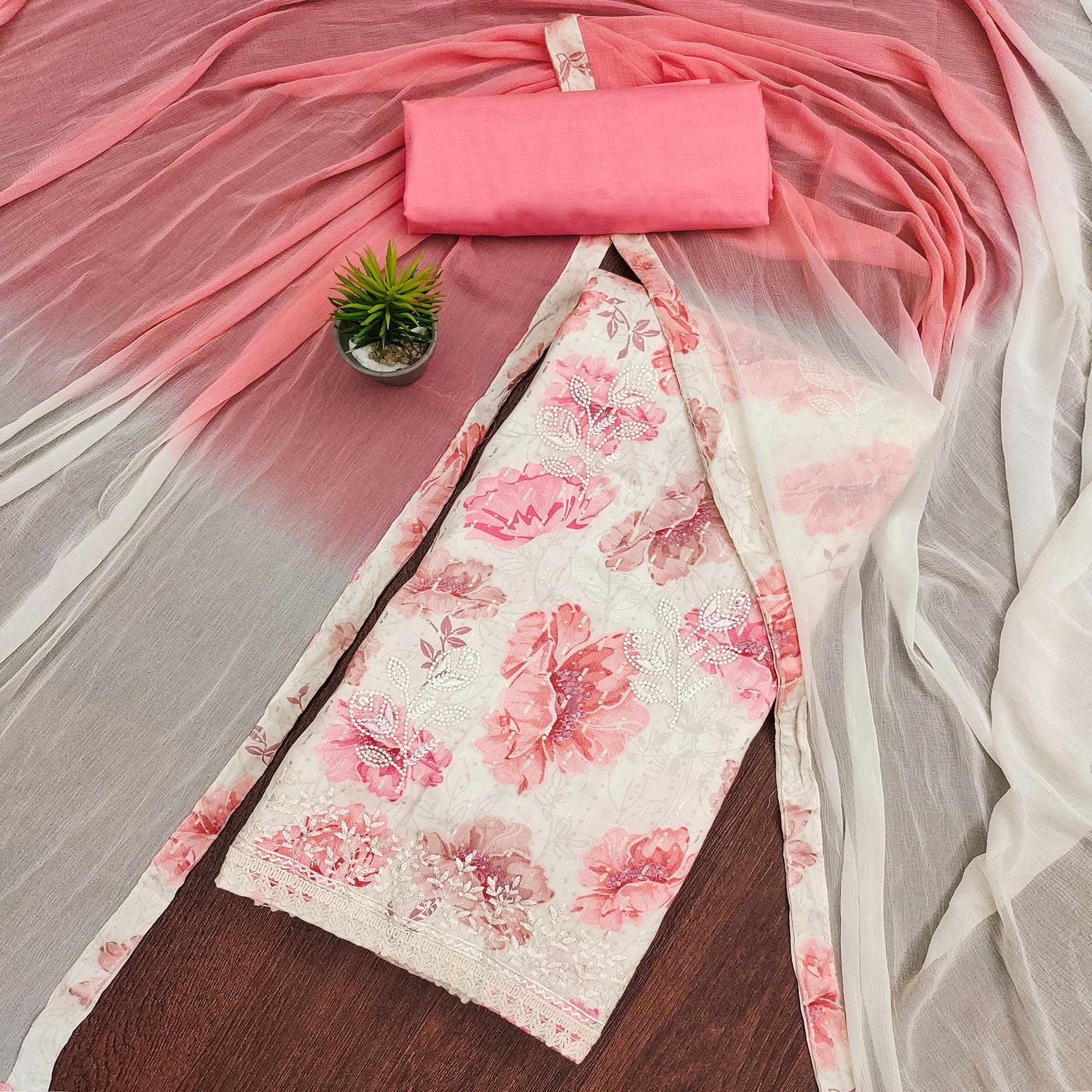 Off White & Pink Printed With Embroidered Pure Cotton Dress Material