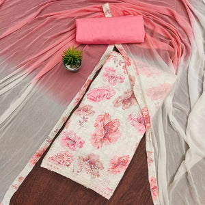 Off White & Pink Printed With Embroidered Pure Cotton Dress Material