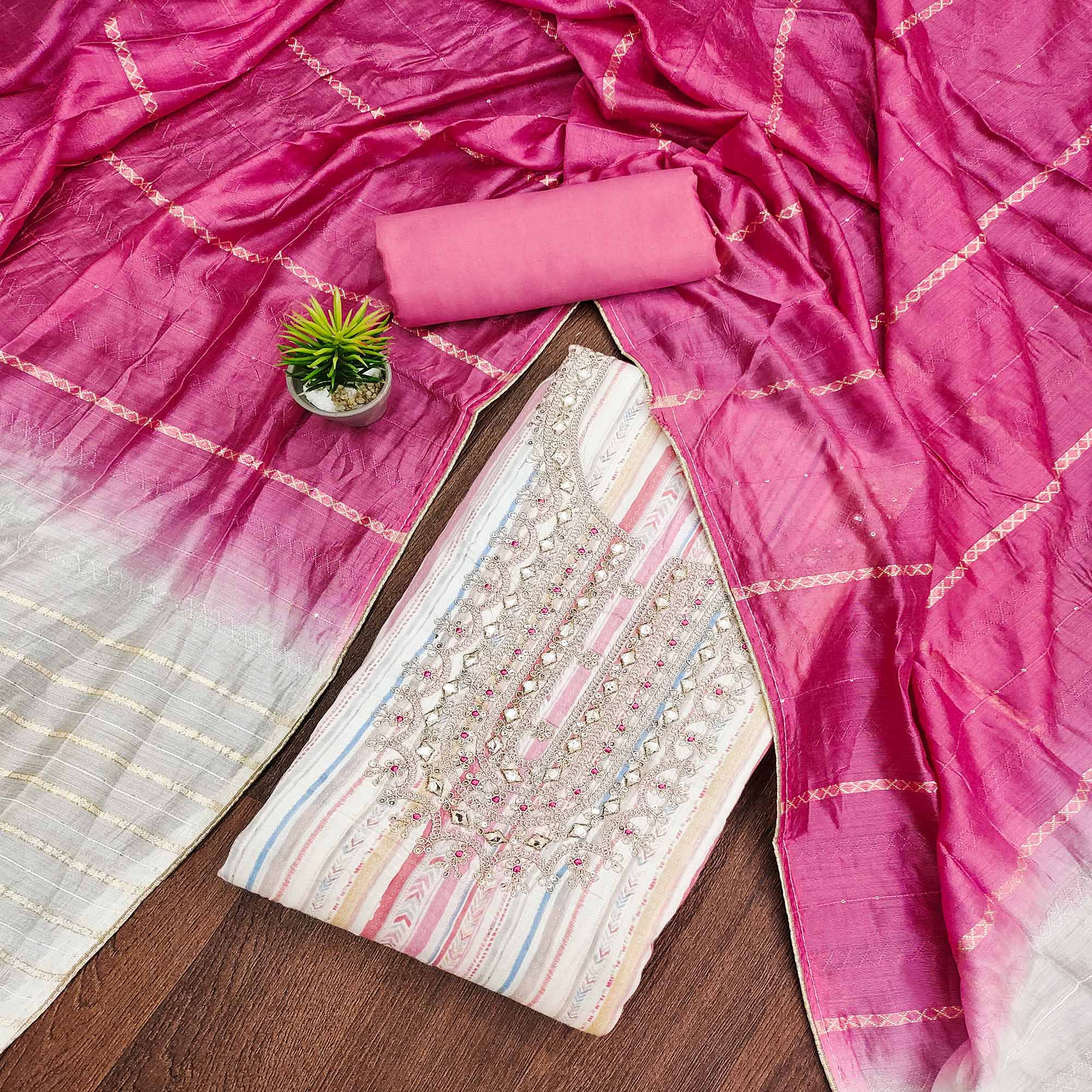 Off White & Pink Printed Pure Cotton Dress Material