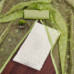 Off White & Green Floral Embroidered Muslin Dress Material