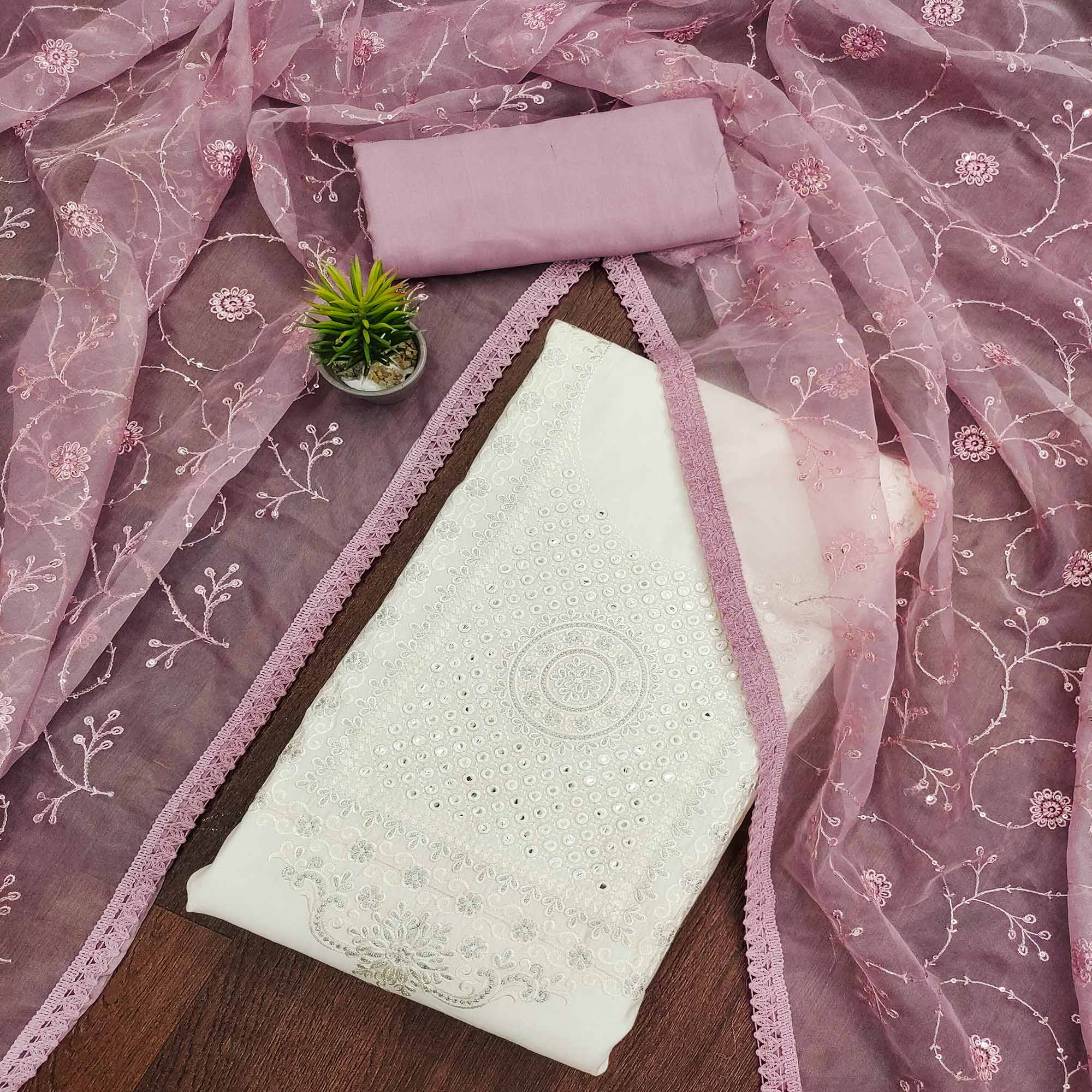 Off White & Mauve Floral Embroidered Muslin Dress Material