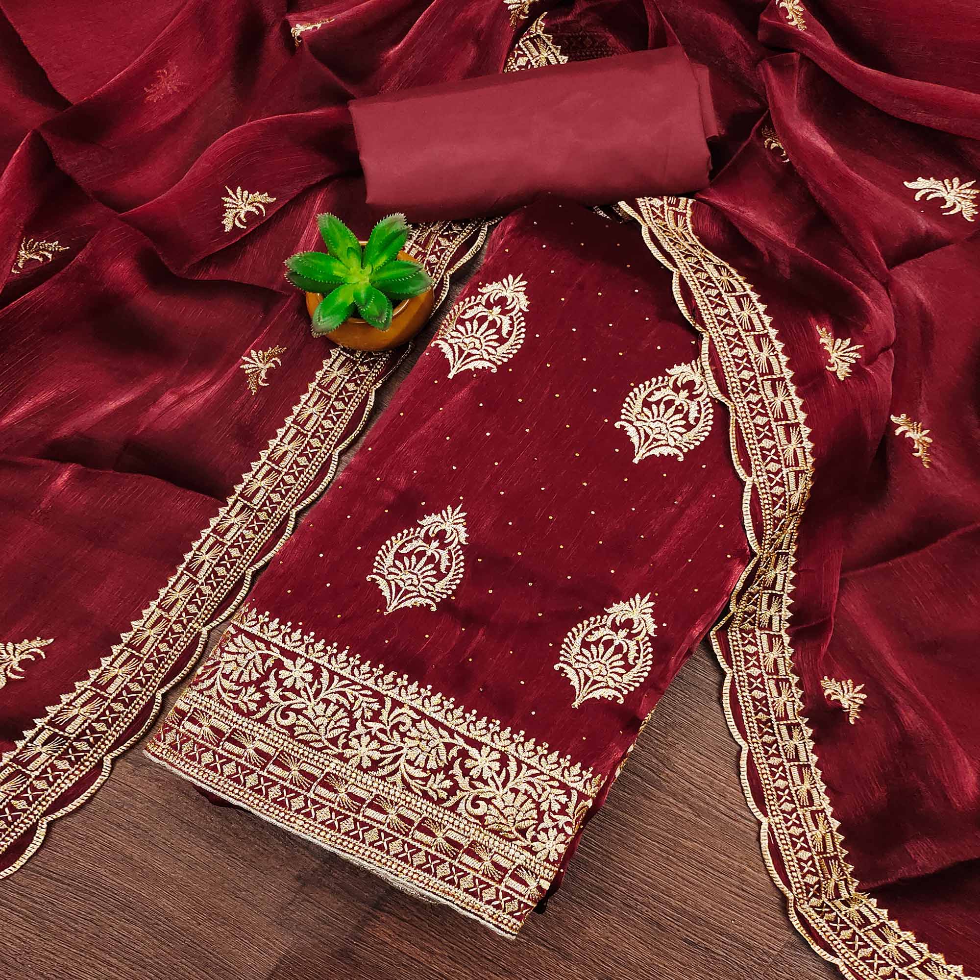 Maroon Floral Embroidery With Stonework Mulberry Silk Dress Material