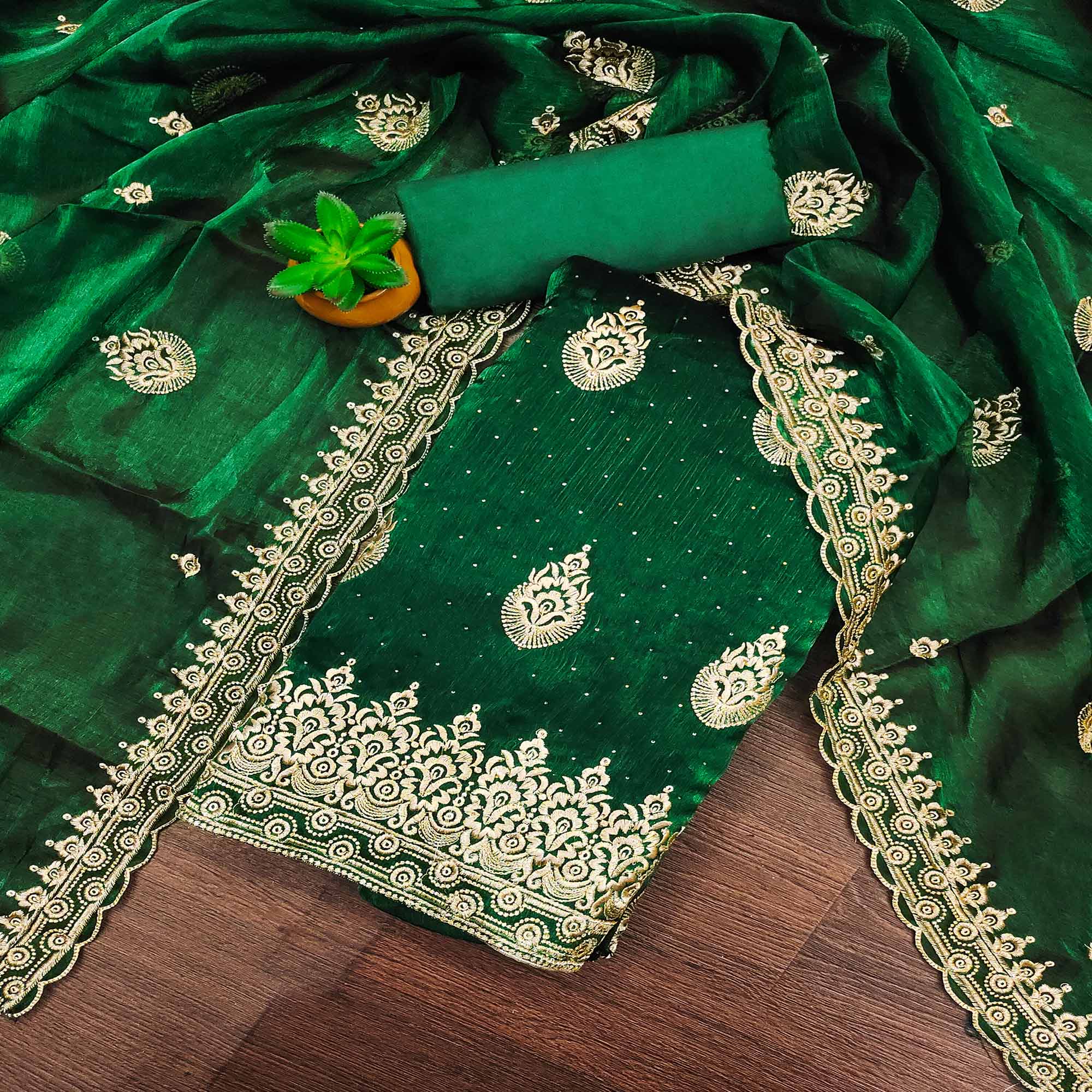 Green Embroidery With Stonework Mulberry Dress Material