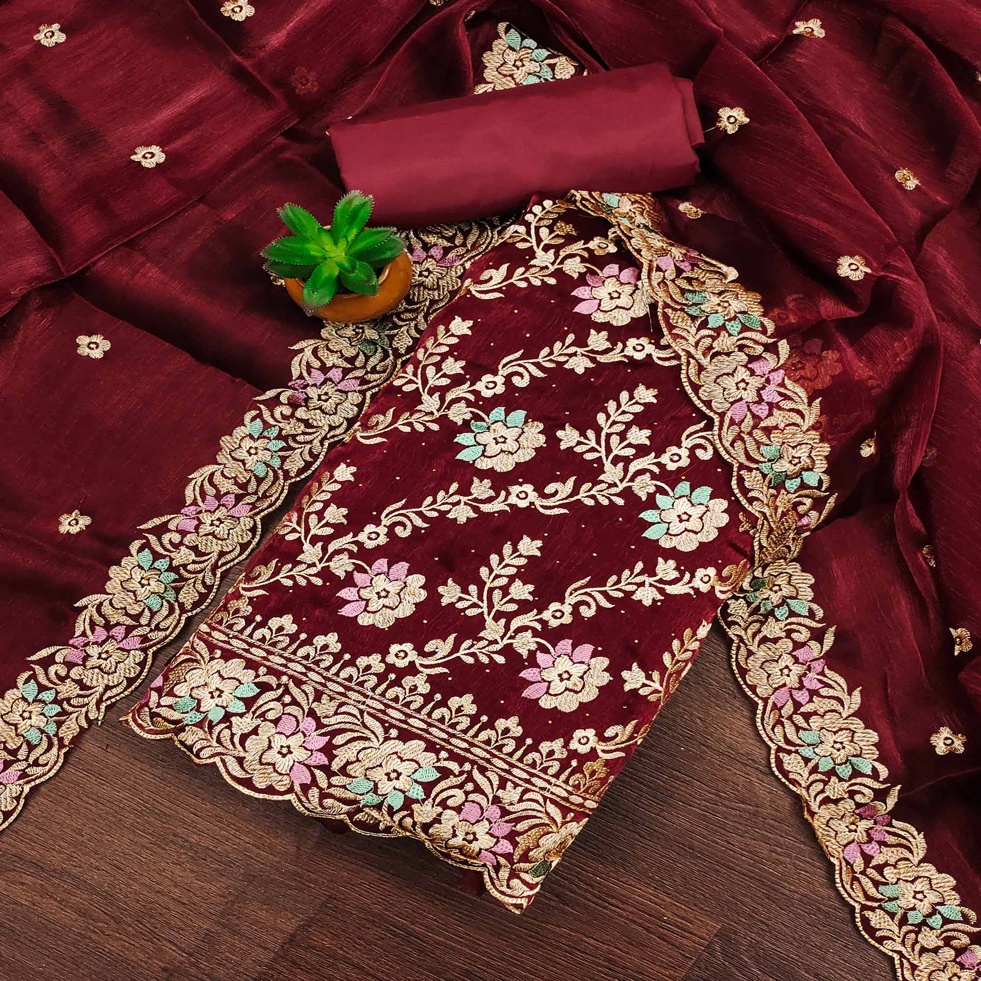 Maroon Floral Embroidery With Stonework Mulberry Silk Dress Material