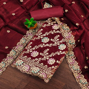 Maroon Floral Embroidery With Stonework Mulberry Silk Dress Material