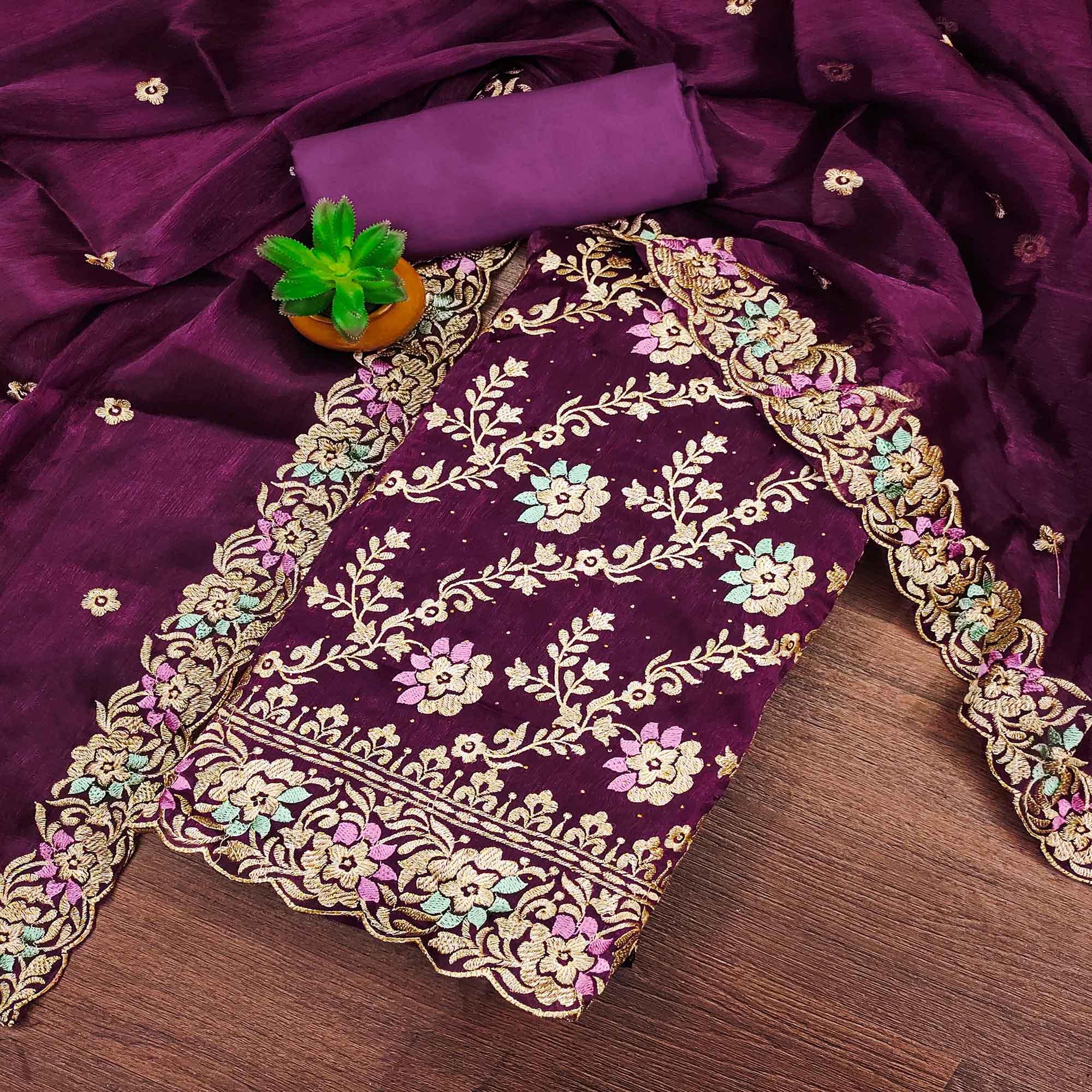 Purple Floral Embroidery With Stonework Mulberry Silk Dress Material