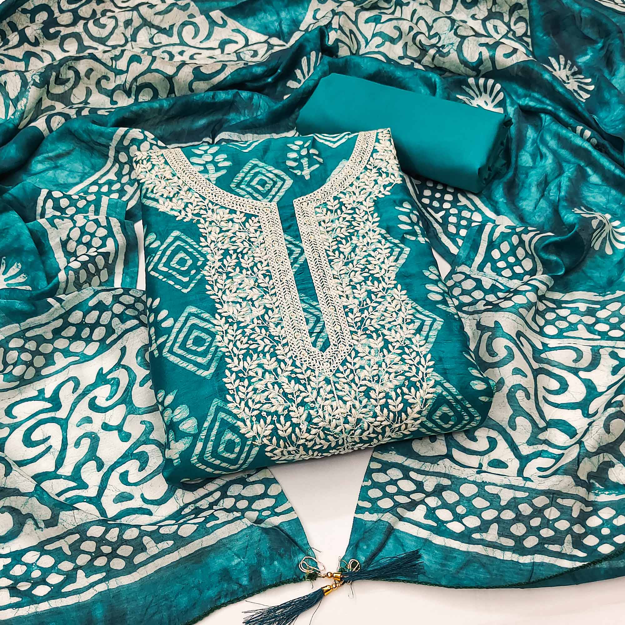 Teal Batik Printed With Embroidered Pure Cotton Dress Material