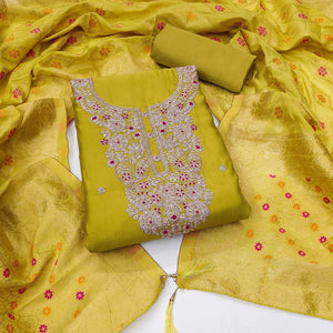 Green Floral Sequins Embroidered Roman Cotton Silk Dress Material