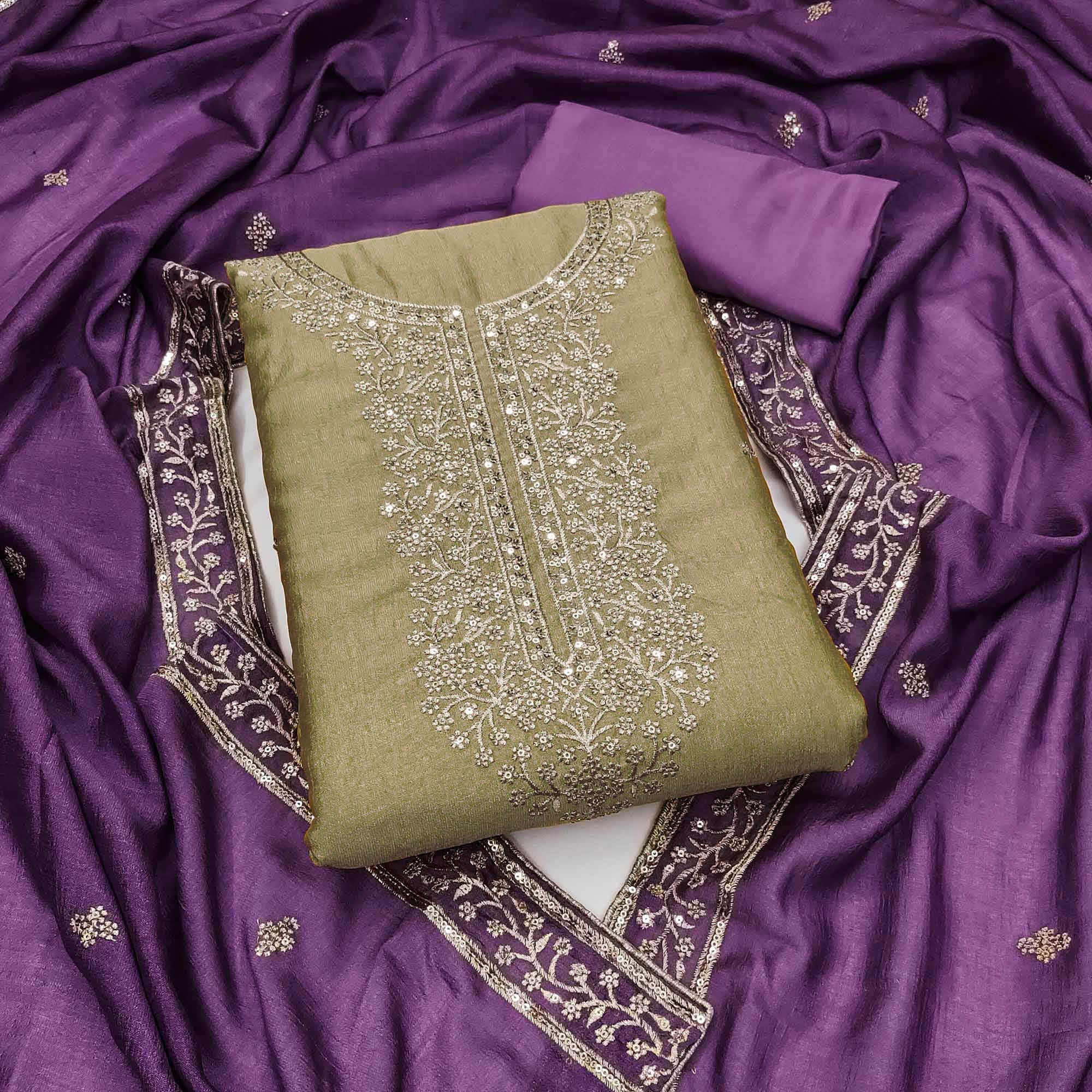 Beige Floral Sequins Embroidered Vichitra Silk Dress Material