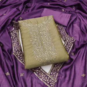 Beige Floral Sequins Embroidered Vichitra Silk Dress Material