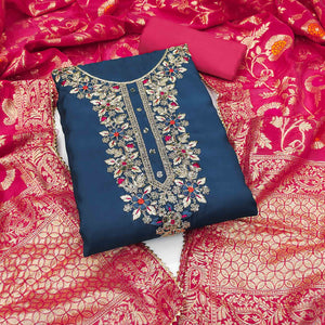 Blue Floral Sequins Embroidered Cotton Roman Silk Dress Material