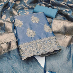 Blue Floral Embroidered Banarasi Silk Shimmer Crush Dress Material