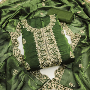 Green Satin Dress Material Adorned With Elegant Floral Zari Embroidery & Intricate Handwork