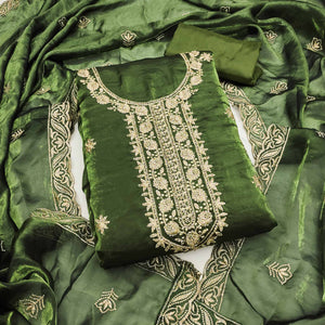 Green Satin Dress Material Featuring Exquisite Floral Embroidery With Detailed Handwork Accents