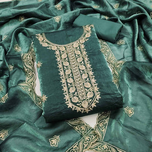 Teal Satin Dress Material Featuring Exquisite Floral Embroidery With Detailed Handwork Accents