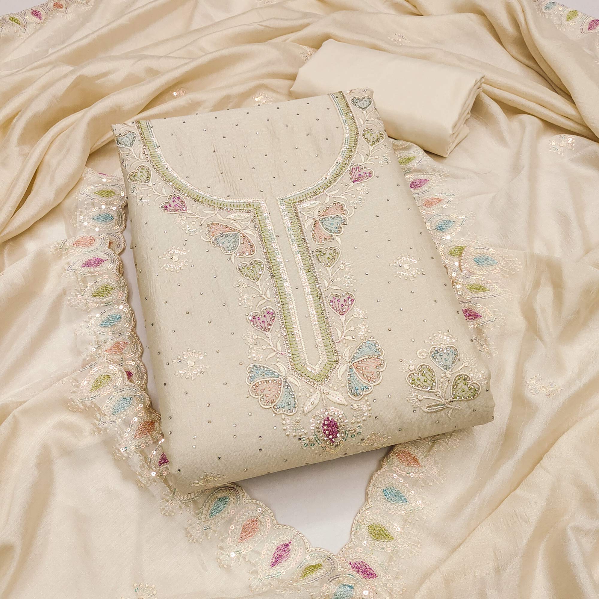 Cream Vichitra Silk Dress Material Adorned With Elegant Floral Embroidery & Sparkling Stonework