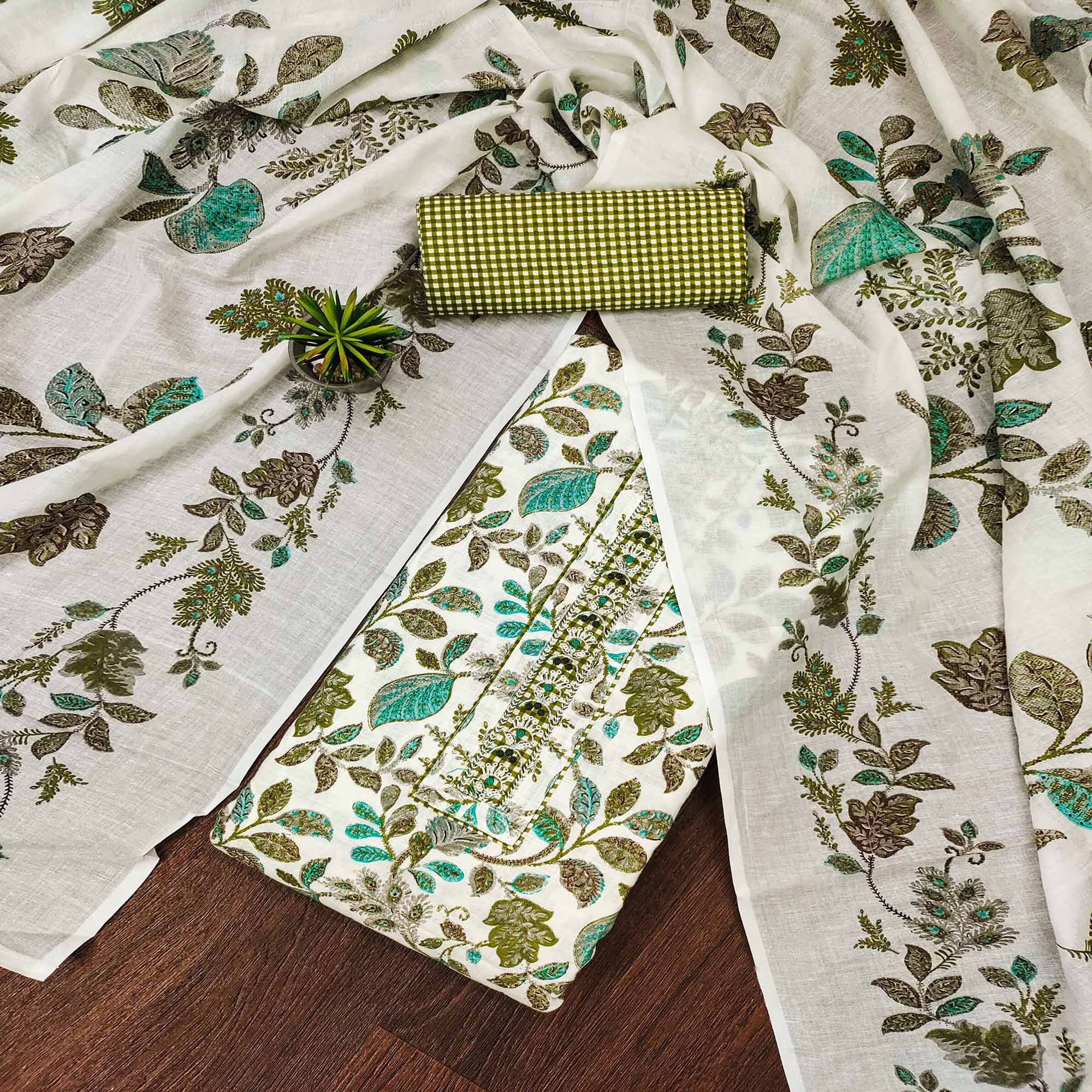 White & Green Floral Foil Printed Pure Cotton Dress Material