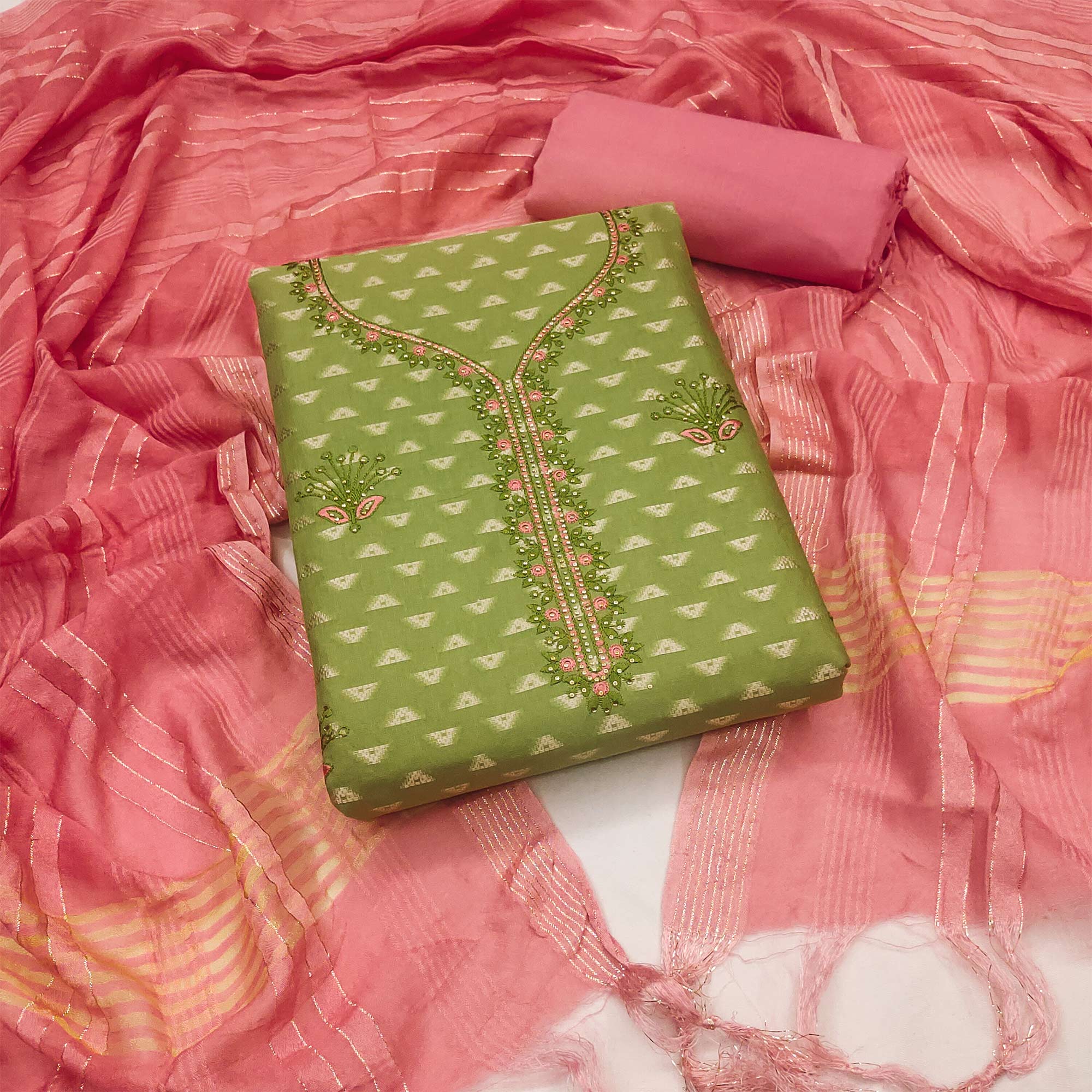 Green Woven Cotton Blend Unstitched Dress Material
