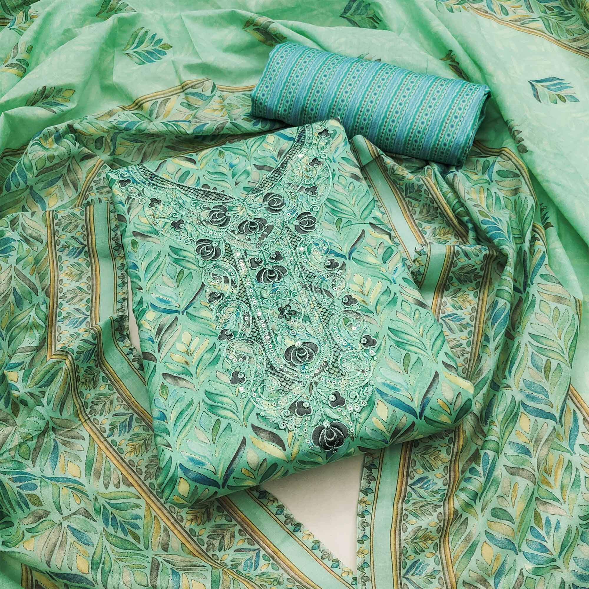 Sea Green Printed With Embroidery Pure Cotton Dress Material